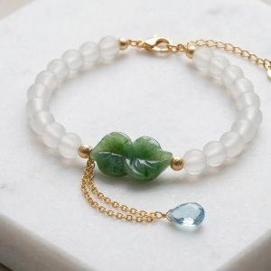 Vòng Tay Đá Thạch Anh Sương Mù Mix Charm Lá Xanh & Giọt Nước "Lục Diệp Sương Mai"- Vòng Tay Mộc Lam